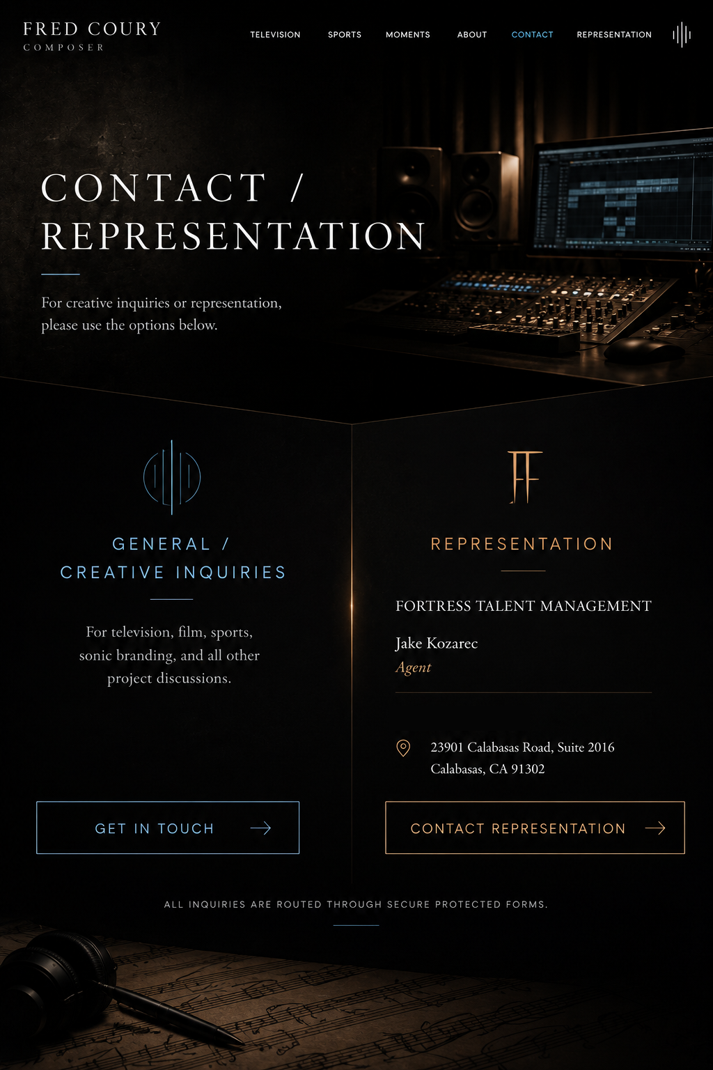 Fred Coury contact and representation page